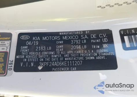 2019 Kia Forte Lxs из США, поврежденный, VIN 3KPF24AD6KE111207